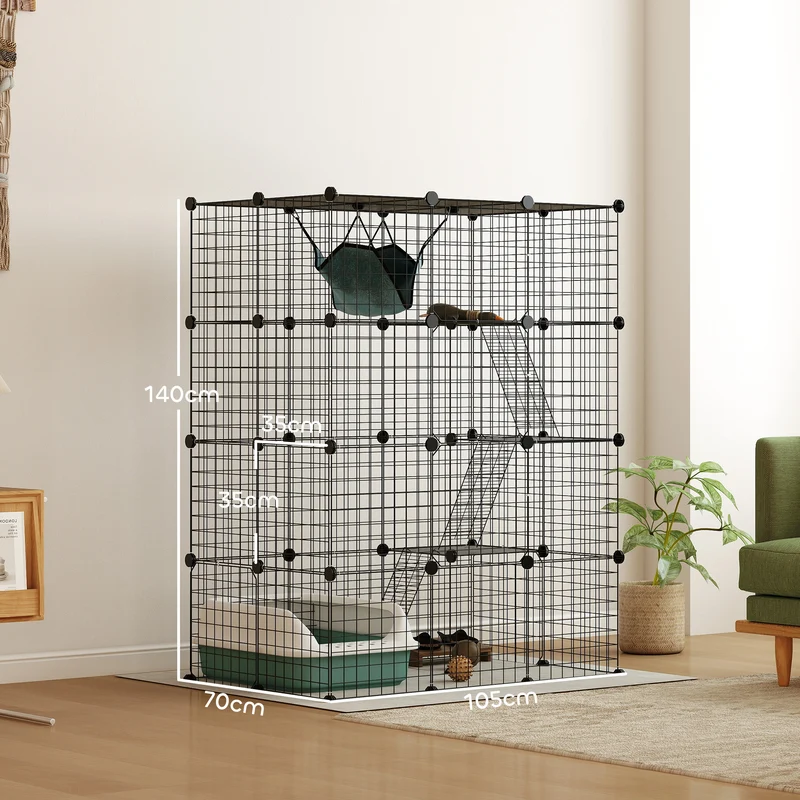 Cage pour chat et lapin d'intérieur 105 x 70 x 140 cm modulable avec hamac moderne épuré ambiance cosy en acier noir 21_0007998