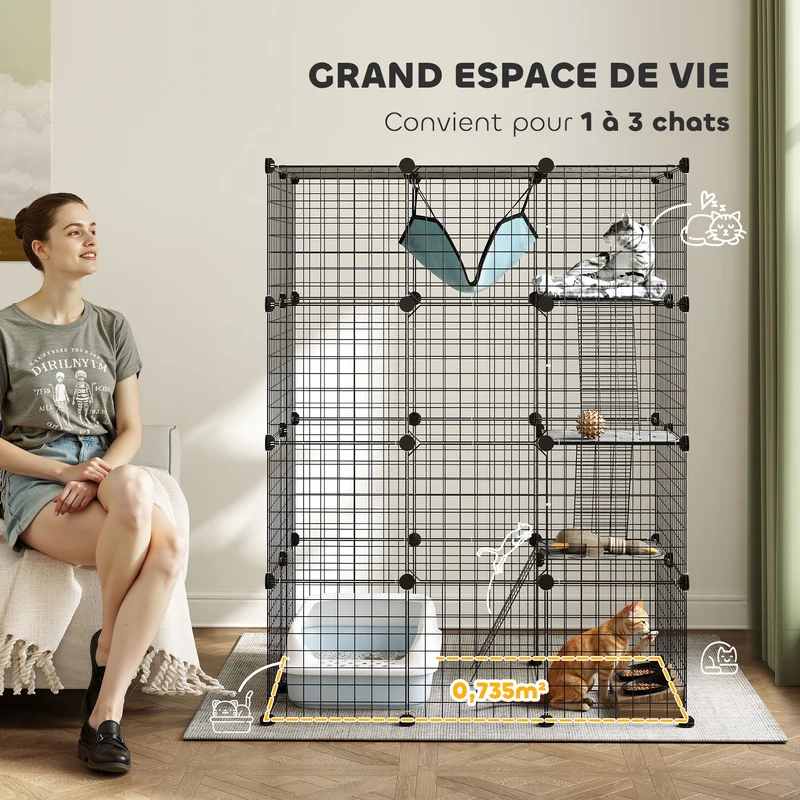 Cage pour chat et lapin d'intérieur 105 x 70 x 140 cm modulable avec hamac moderne épuré ambiance cosy en acier noir 21_0007998