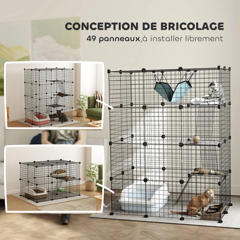 Cage pour chat et lapin d'intérieur 105 x 70 x 140 cm modulable avec hamac moderne épuré ambiance cosy en acier noir 21_0007998