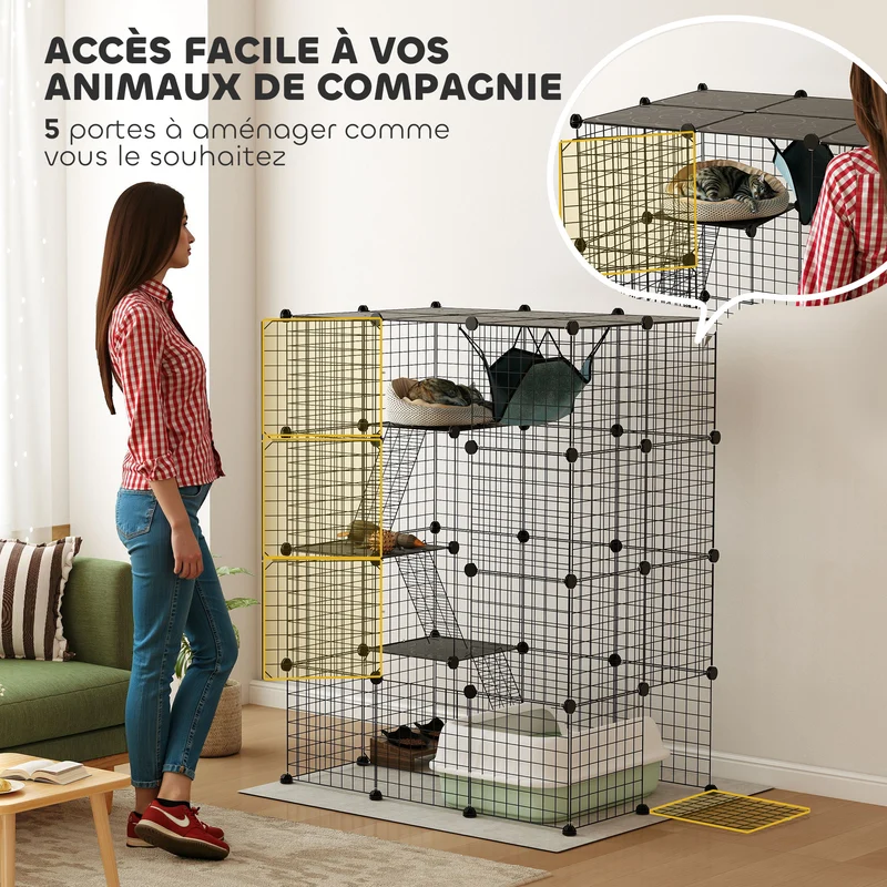 Cage pour chat et lapin d'intérieur 105 x 70 x 140 cm modulable avec hamac moderne épuré ambiance cosy en acier noir 21_0007998