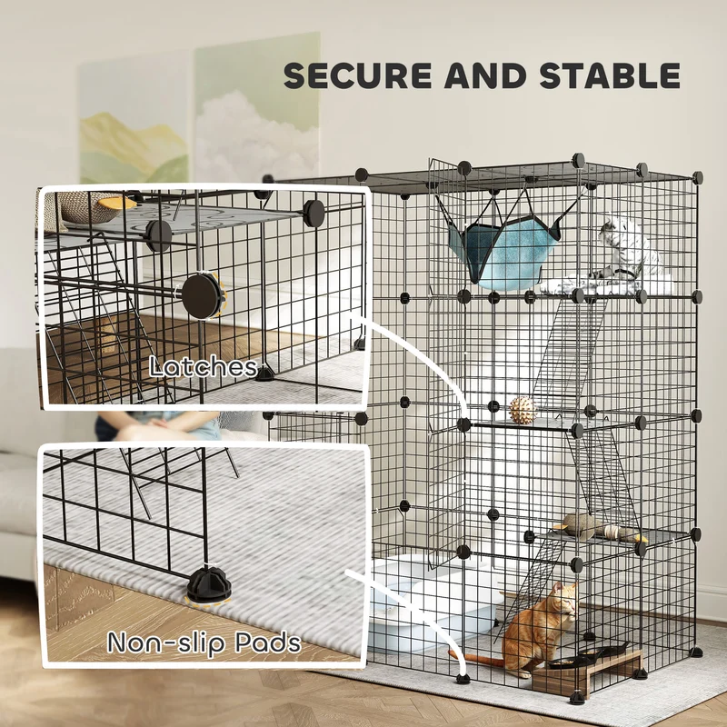 Cage pour chat et lapin d'intérieur 105 x 70 x 140 cm modulable avec hamac moderne épuré ambiance cosy en acier noir 21_0007998