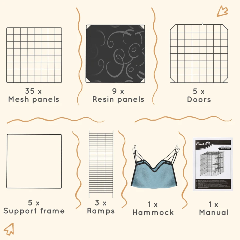 Cage pour chat et lapin d'intérieur 105 x 70 x 140 cm modulable avec hamac moderne épuré ambiance cosy en acier noir 21_0007998