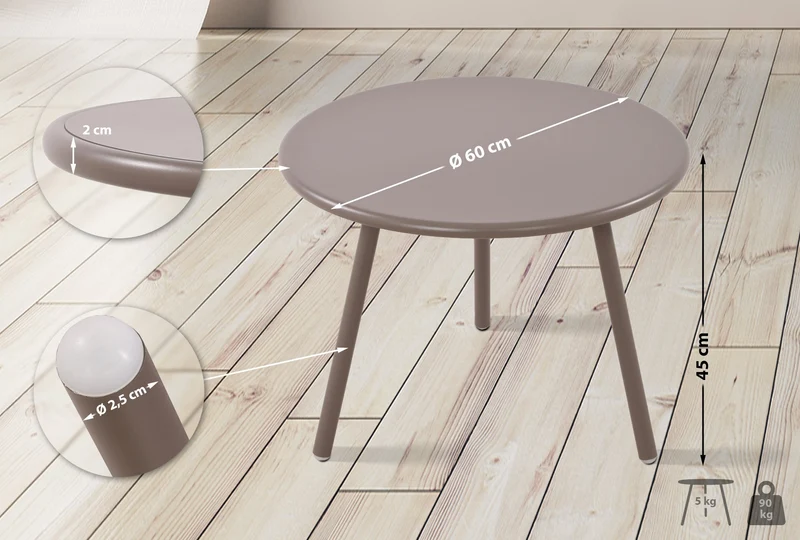 Table basse ronde intérieur / extérieur en polypropylène couleur taupe – Ø 60 cm résistante aux intempéries 10_0009234