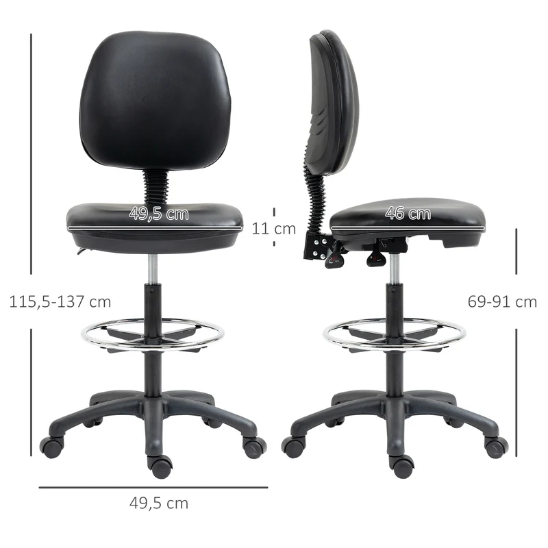 Tabouret réglable à roulettes pour salon 50 x 46 x 69-91 cm assise ergonomique dossier inclinable moderne en PVC noir 21_0006221