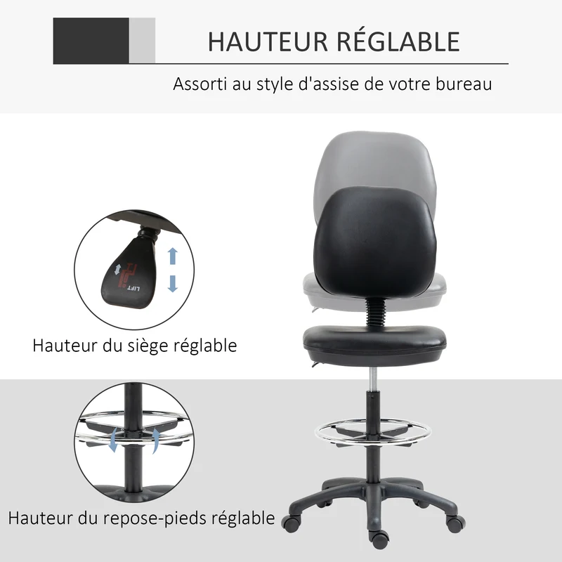 Lot de 2 tabourets à roulettes réglables salon bureau 49.5 x 46 x 69-91 cm assise rembourrée moderne en plastique noir 21_0006348