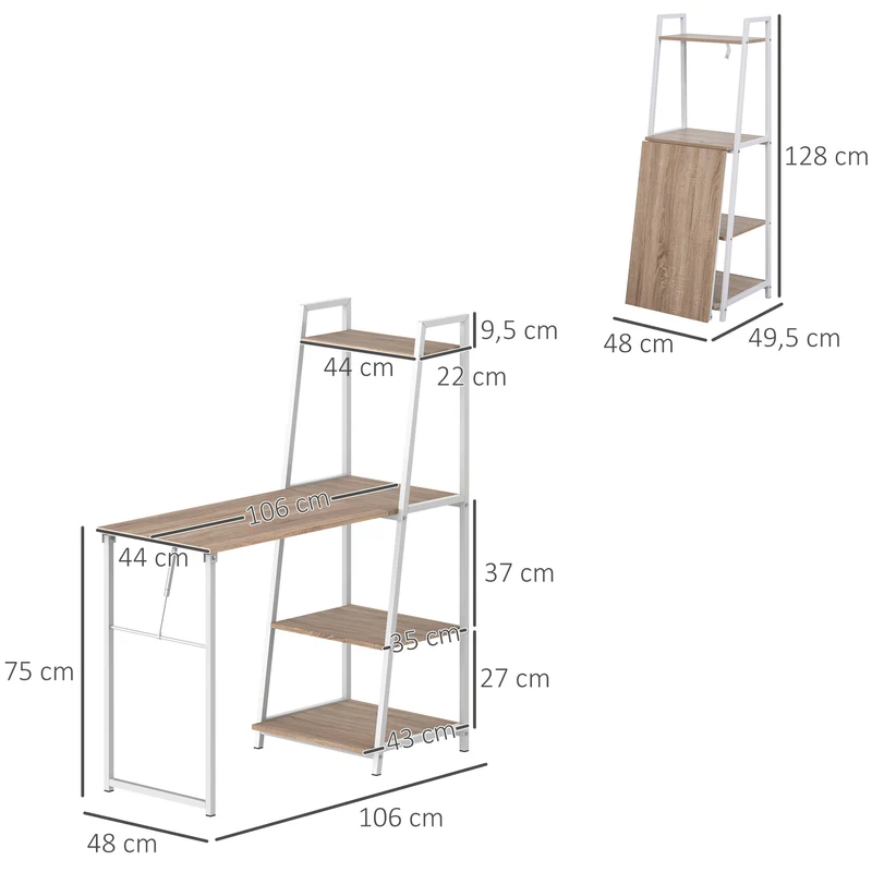 Bureau pliable rabattable bibliothèque 2 en 1 106 x 48 x 128 cm gain de place 4 étagères moderne en mélaminé chêne clair 21_0002441