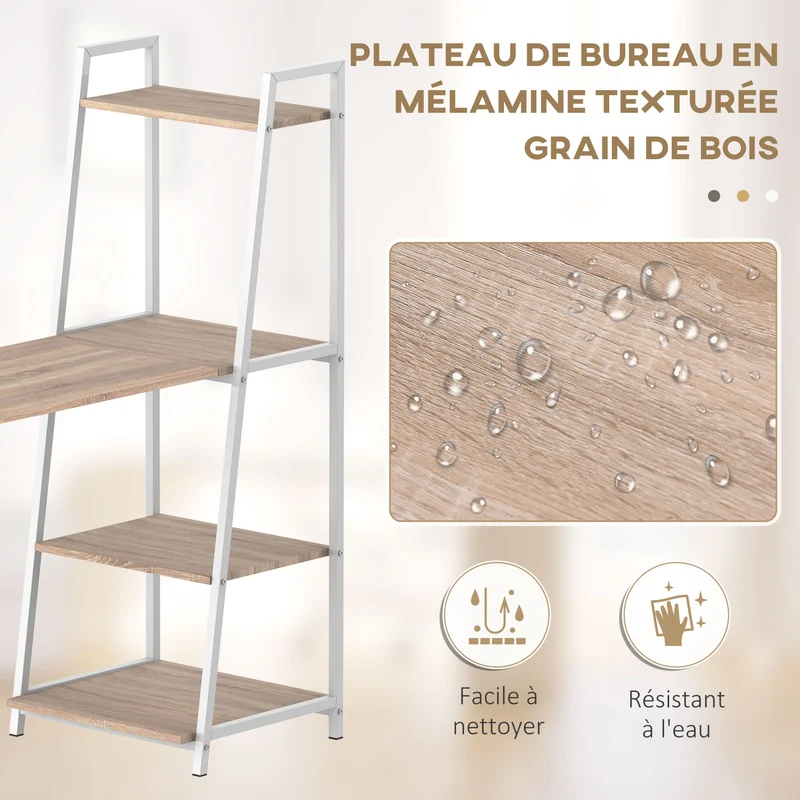 Bureau pliable rabattable bibliothèque 2 en 1 106 x 48 x 128 cm gain de place 4 étagères moderne en mélaminé chêne clair 21_0002441