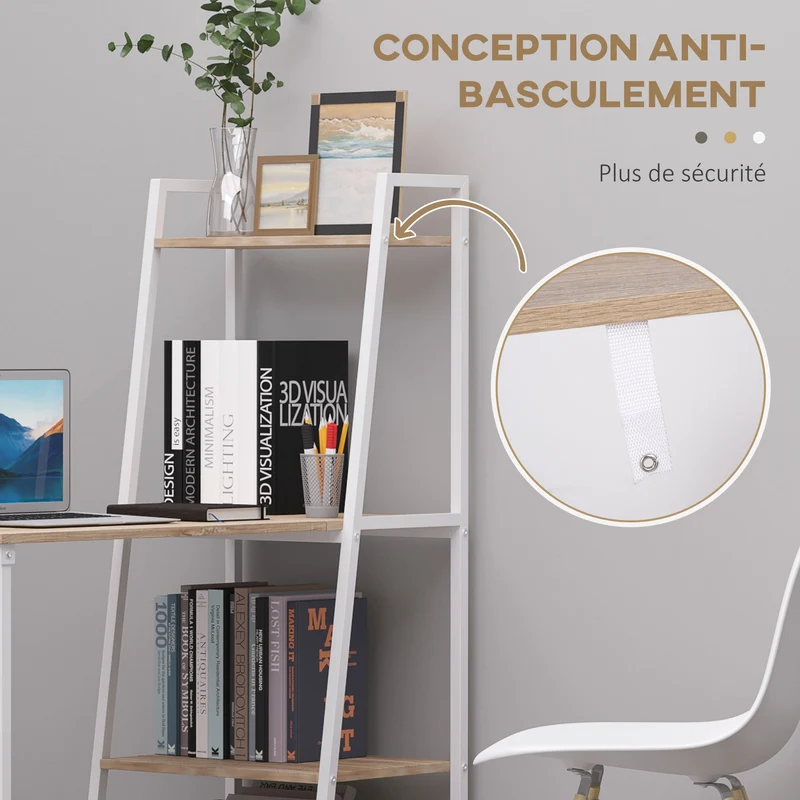 Bureau pliable rabattable bibliothèque 2 en 1 106 x 48 x 128 cm gain de place 4 étagères moderne en mélaminé chêne clair 21_0002441