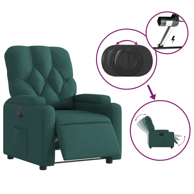 Fauteuil relax TV fonction d'inclinaison électrique très confortable en tissu vert foncé DEC028594