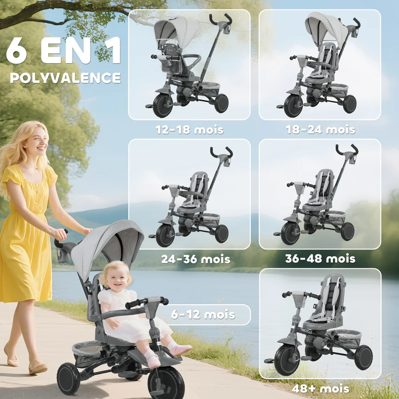 Tricycle évolutif 6 en 1 poussette 111.5 x 52 x 98 cm siège pivotant 360° pliable compact moderne épuré en acier gris 21_0000630