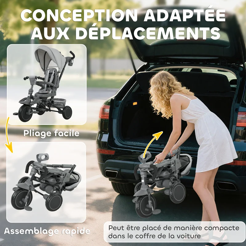 Tricycle évolutif 6 en 1 poussette 111.5 x 52 x 98 cm siège pivotant 360° pliable compact moderne épuré en acier gris 21_0000630