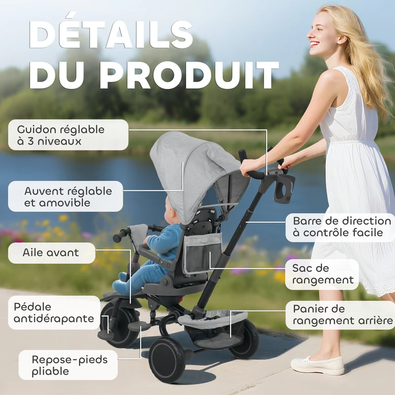 Tricycle évolutif 6 en 1 poussette 111.5 x 52 x 98 cm siège pivotant 360° pliable compact moderne épuré en acier gris 21_0000630