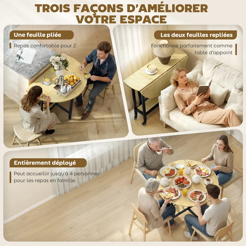 Table à manger pliante 4 personnes 100 x 100 x 75 cm gain de place roulettes verrouillables moderne épuré en bois chêne 21_0003376
