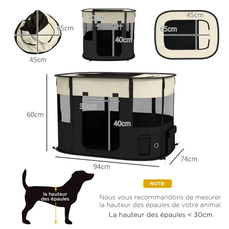 Parc pliable pour animaux voyage maison 94 x 74 x 60 cm léger trois portes zippées moderne épuré en tissu oxford crème 21_0007456