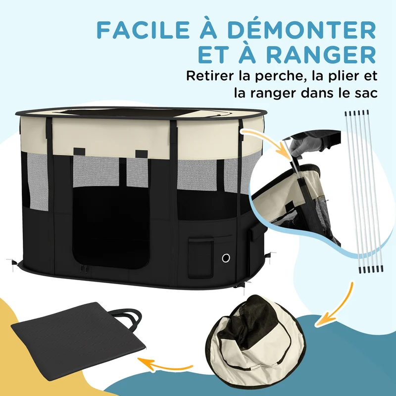 Parc pliable pour animaux voyage maison 94 x 74 x 60 cm léger trois portes zippées moderne épuré en tissu oxford crème 21_0007456