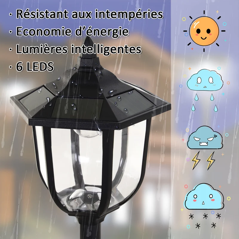 Lot de 2 lampadaire solaire extérieur 26,5 x 177 cm éclairage automatique détecteur de luminosité classique en PP noir 21_0007001