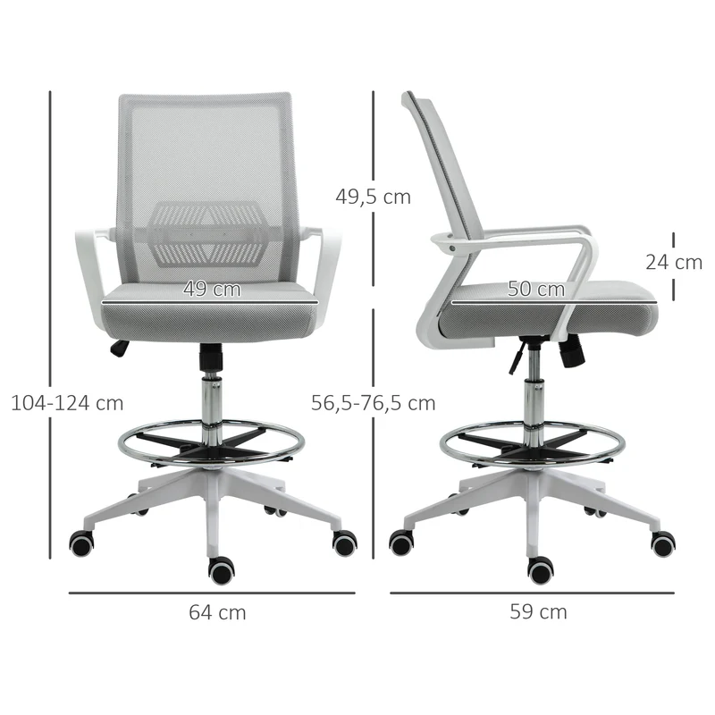 Fauteuil de bureau assise haute 64 x 59 x 104-124 cm réglable hauteur pivotant 360° contemporain épuré en maille gris 21_0006159