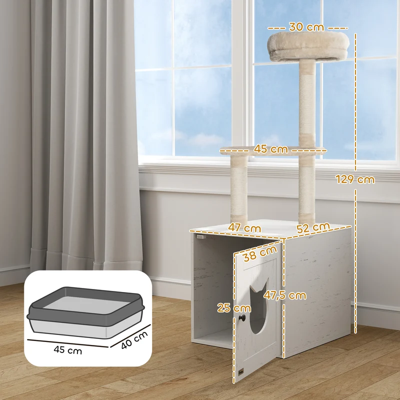 Meuble à litière pour chat avec arbre intégré compact 47 x 52 x 129 cm cache litière anti odeurs moderne en MDF crème 21_0007796