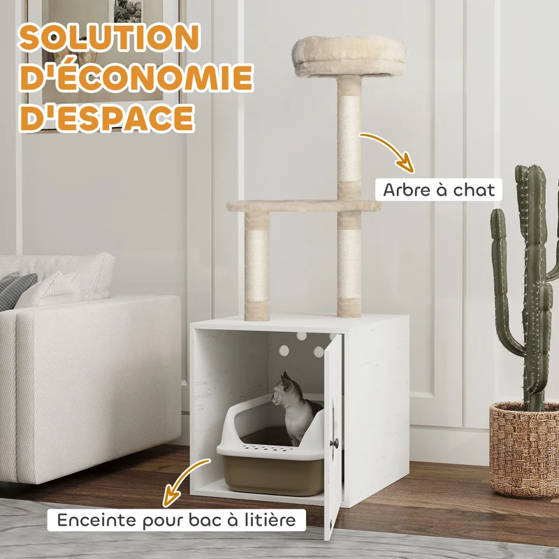 Meuble à litière pour chat avec arbre intégré compact 47 x 52 x 129 cm cache litière anti odeurs moderne en MDF crème 21_0007796