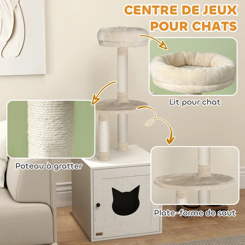 Meuble à litière pour chat avec arbre intégré compact 47 x 52 x 129 cm cache litière anti odeurs moderne en MDF crème 21_0007796