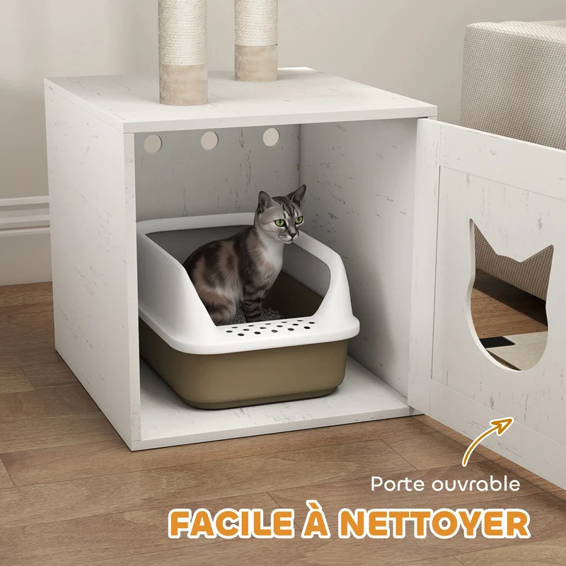 Meuble à litière pour chat avec arbre intégré compact 47 x 52 x 129 cm cache litière anti odeurs moderne en MDF crème 21_0007796