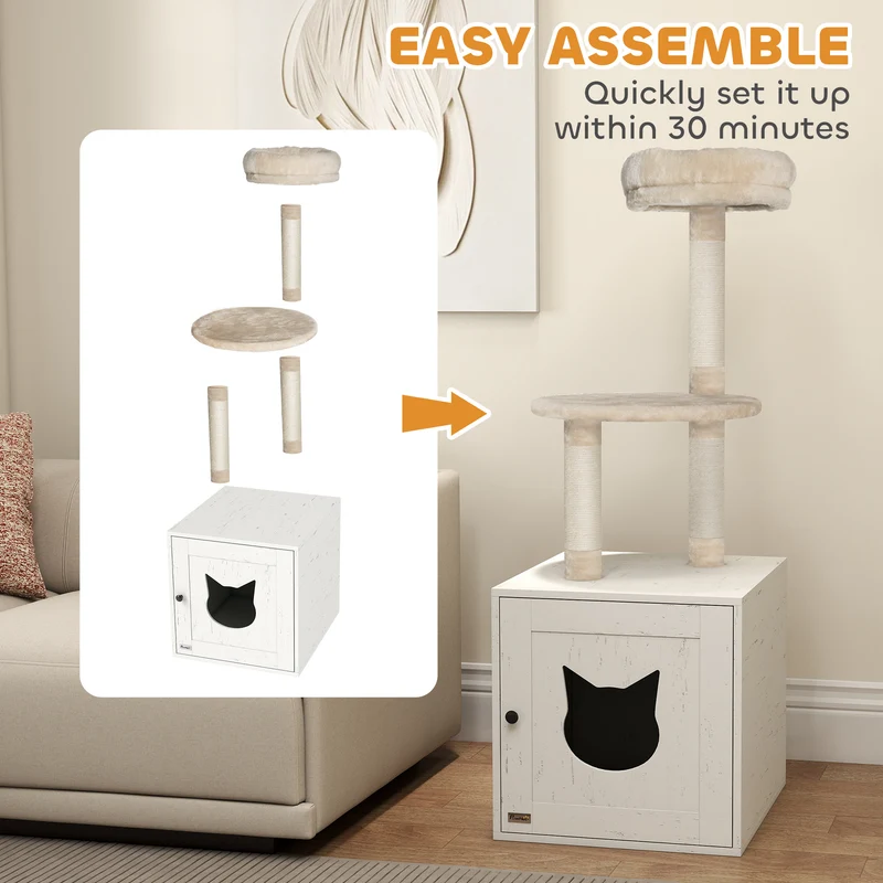 Meuble à litière pour chat avec arbre intégré compact 47 x 52 x 129 cm cache litière anti odeurs moderne en MDF crème 21_0007796