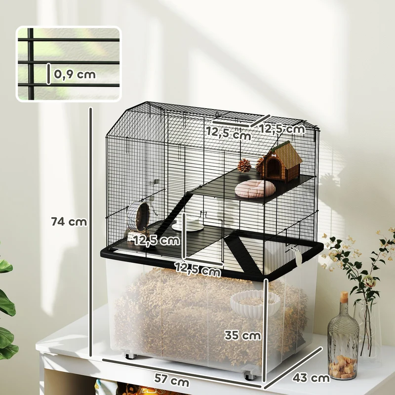 Cage pour rongeur 3 étages 57 x 43 x 74 cm plateformes base profonde accès facile cosy style contemporain en acier noir 21_0007987