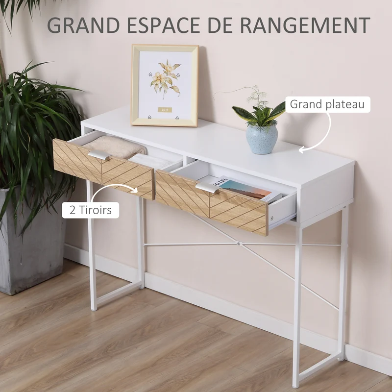 Table console entrée 100 x 30 x 75 cm 2 tiroirs montage facile chevrons industriel épuré en panneau de particules blanc 21_0002636