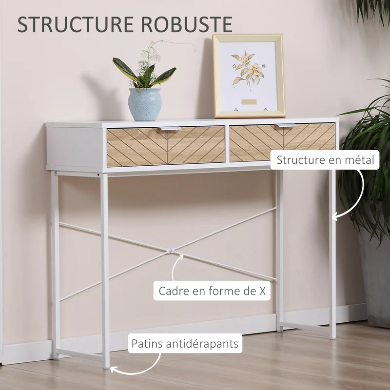 Table console entrée 100 x 30 x 75 cm 2 tiroirs montage facile chevrons industriel épuré en panneau de particules blanc 21_0002636