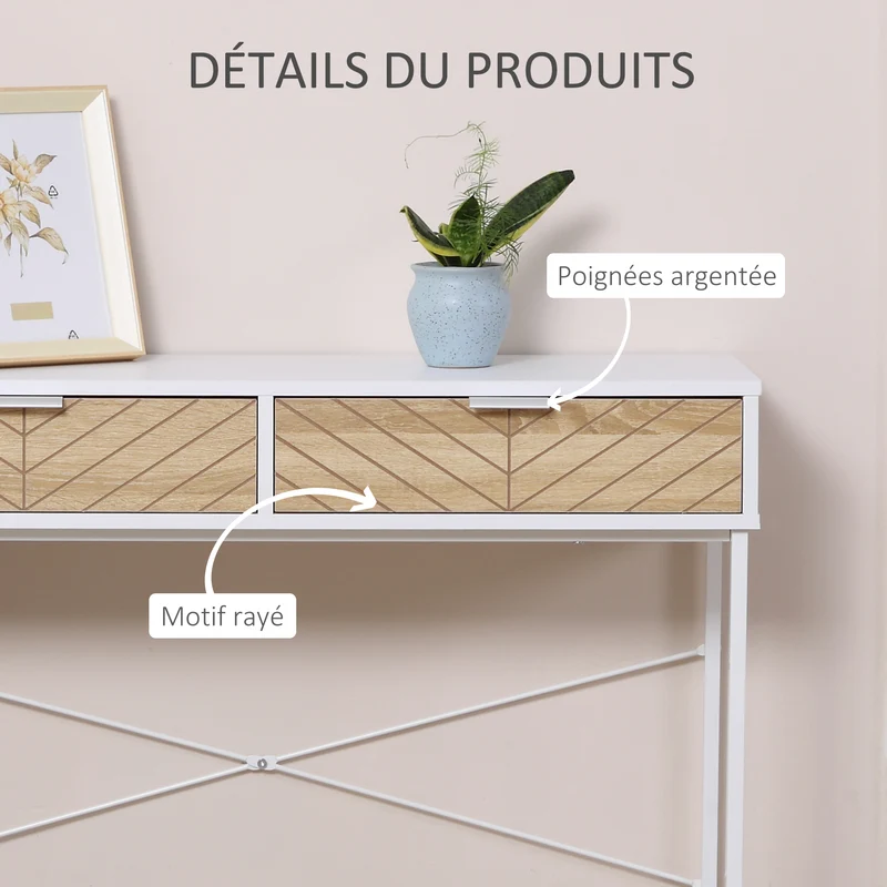 Table console entrée 100 x 30 x 75 cm 2 tiroirs montage facile chevrons industriel épuré en panneau de particules blanc 21_0002636