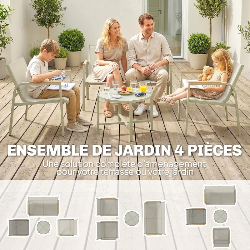 Salon de jardin 4 pièces 112.5 x 68 x 74 cm assise respirante modulable design moderne plateau verre en textilène vert 21_0005715