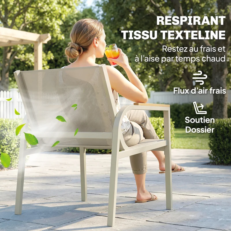 Salon de jardin 4 pièces 112.5 x 68 x 74 cm assise respirante modulable design moderne plateau verre en textilène vert 21_0005715