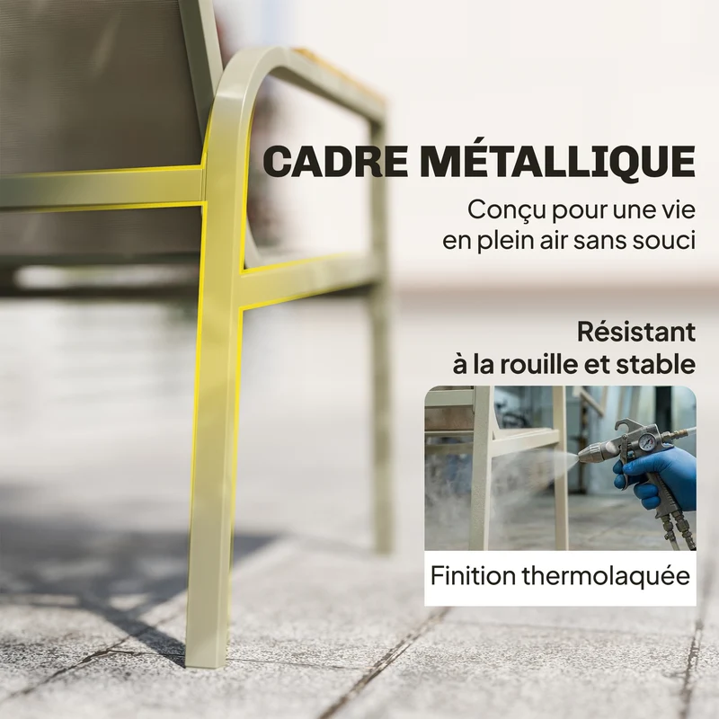 Salon de jardin 4 pièces 112.5 x 68 x 74 cm assise respirante modulable design moderne plateau verre en textilène vert 21_0005715