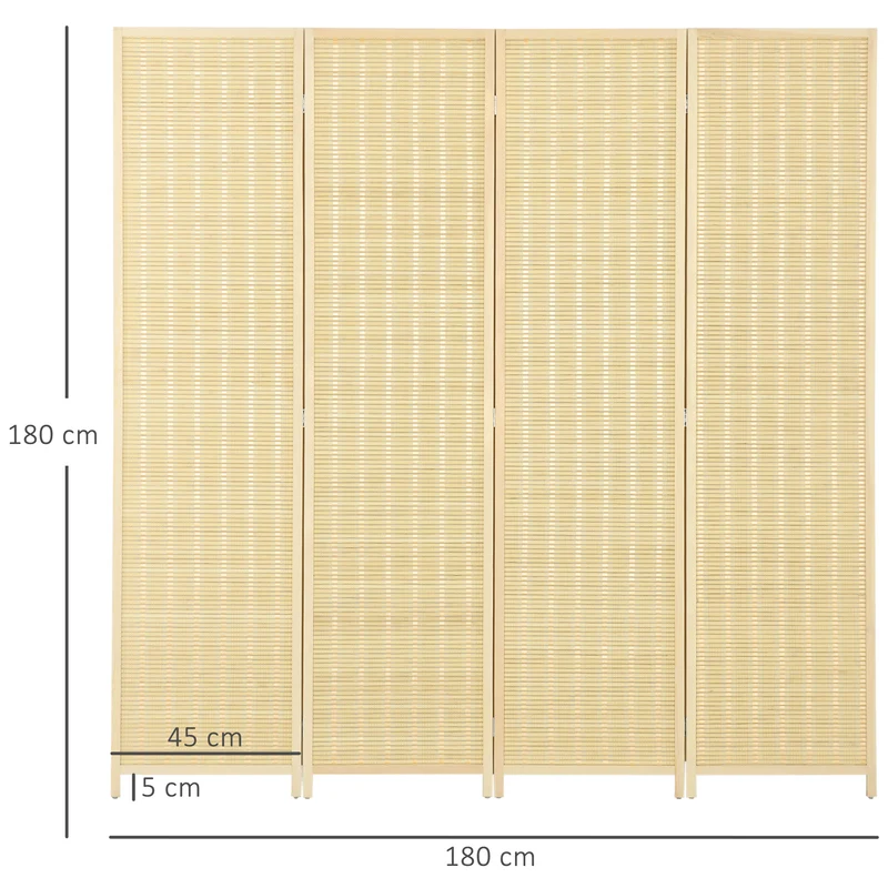 Paravent séparateur de pièce pliable 4 panneaux 180 x 180 cm intimité modulable autoportant rustique en bois naturel 21_0001265
