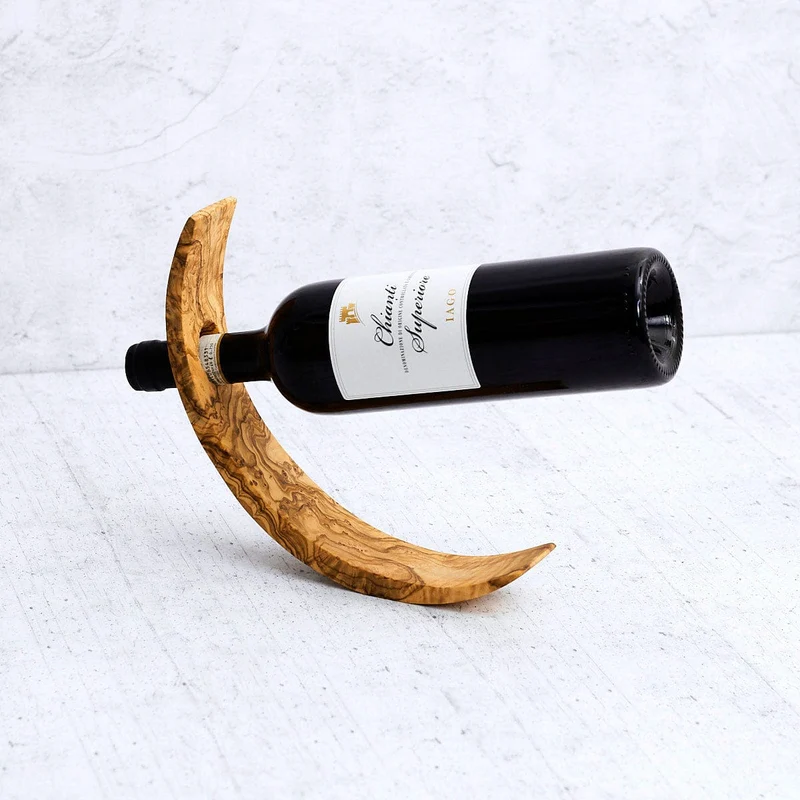Olive Wood Bottle Holder “Luna Curva” – Handmade in Italy | Elegant Single Wine Display