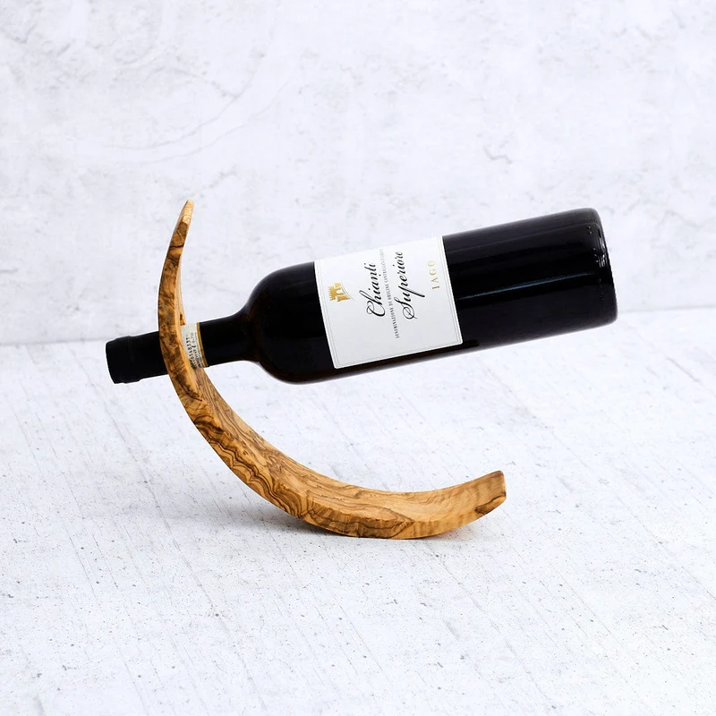 Olive Wood Bottle Holder “Luna Curva” – Handmade in Italy | Elegant Single Wine Display