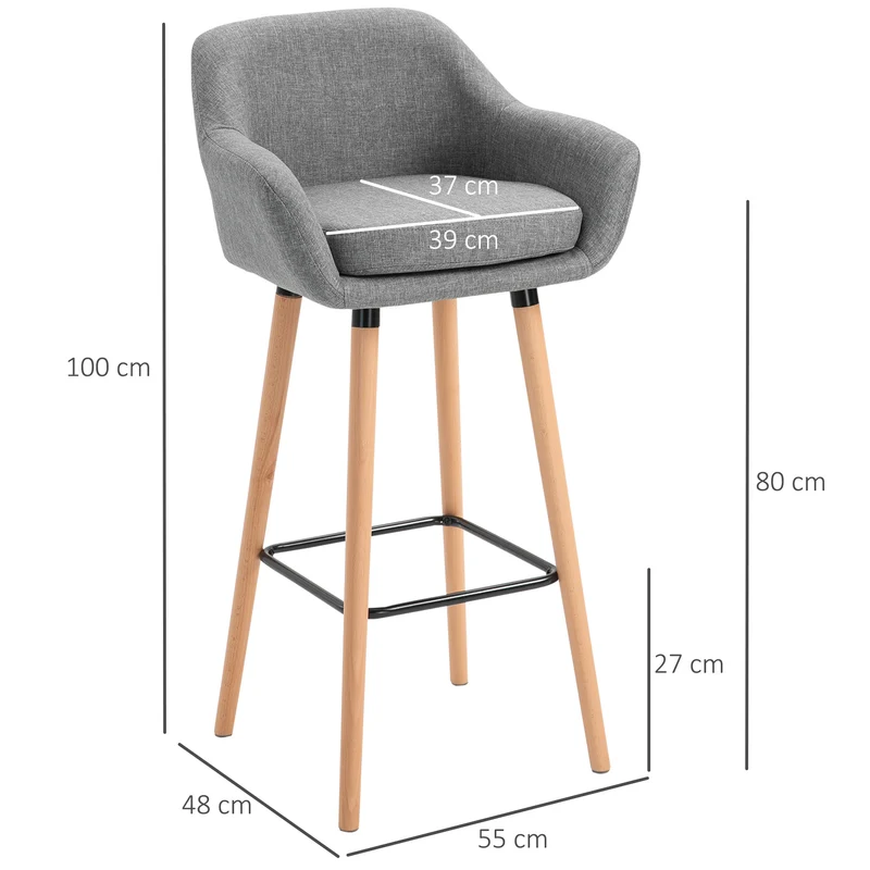 Lot de 4 tabourets de bar 55 x 48 x 100 cm assise épaisse dossier et accoudoirs design scandinave en lin gris foncé 21_0002371