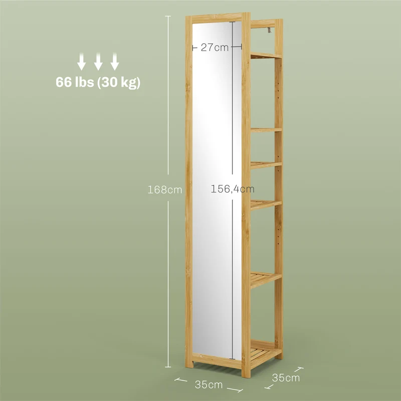 Meuble colonne salle de bain 35 x 35 x 168 cm miroir intégré 6 étagères de rangement scandinave épuré en bambou naturel 21_0002021