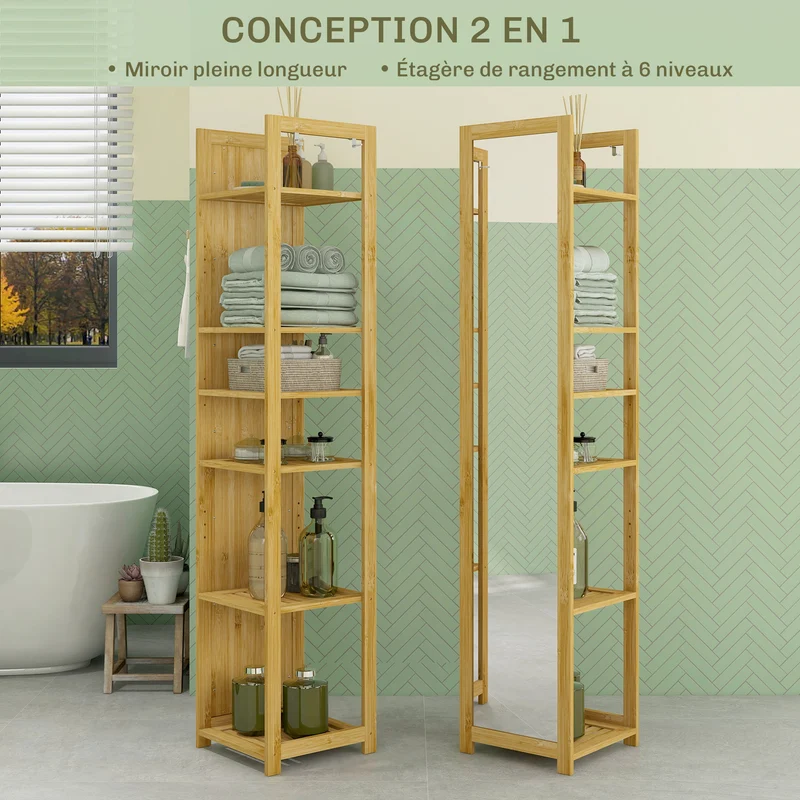 Meuble colonne salle de bain 35 x 35 x 168 cm miroir intégré 6 étagères de rangement scandinave épuré en bambou naturel 21_0002021