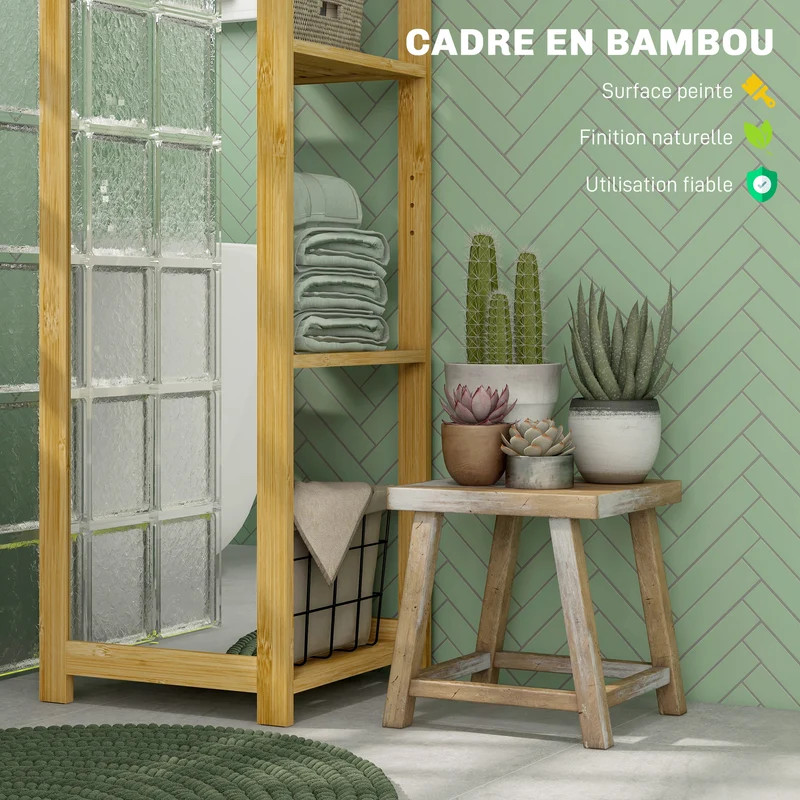 Meuble colonne salle de bain 35 x 35 x 168 cm miroir intégré 6 étagères de rangement scandinave épuré en bambou naturel 21_0002021