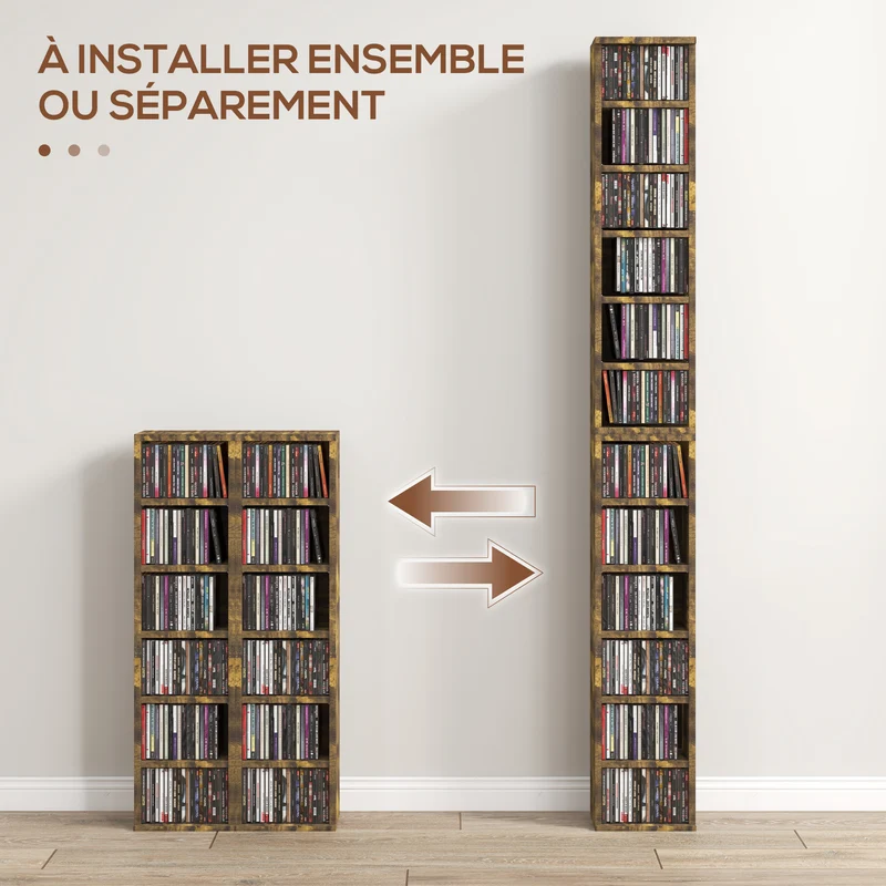 Lot de 2 étagères cd salon 21 x 22,5 x 88,5 cm 12 cases sécurisées contemporain en panneaux de particules brun rustique 21_0001800