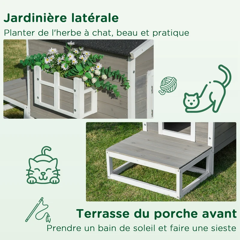 Maisonnette pour chats extérieure jardin 115 x 66.5 x 74.7 cm base surélevée toit étanche scandinave cosy en bois gris 21_0007625