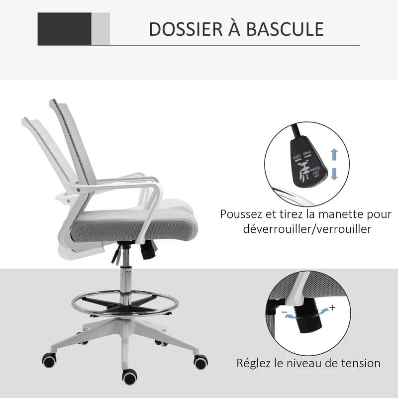 Fauteuil de bureau assise réglable 64 x 60 x 106-126 cm pivotant 360° dossier ergonomique contemporain en maille gris 21_0006346