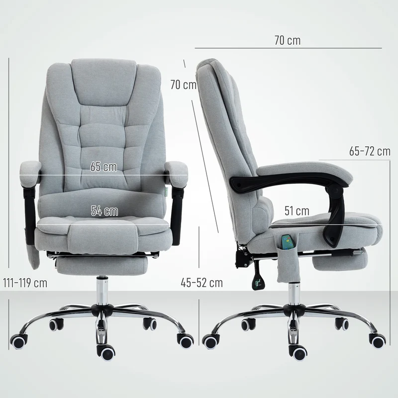 Fauteuil de bureau 65 x 70 x 111-119 cm massant chauffant design contemporain ambiance cosy en tissu gris clair uni 21_0006191