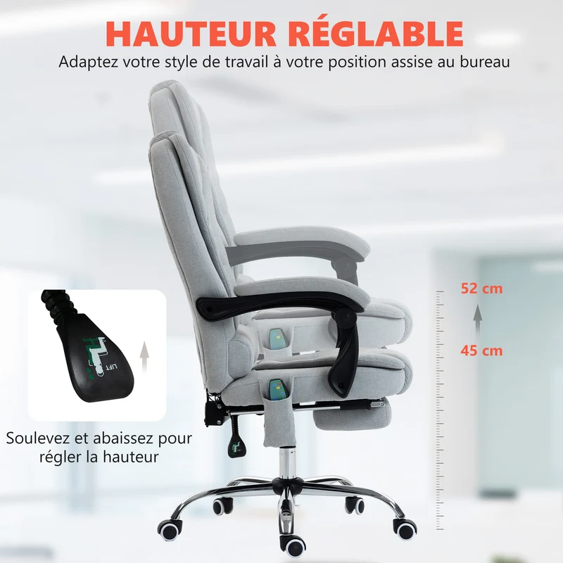 Fauteuil de bureau 65 x 70 x 111-119 cm massant chauffant design contemporain ambiance cosy en tissu gris clair uni 21_0006191