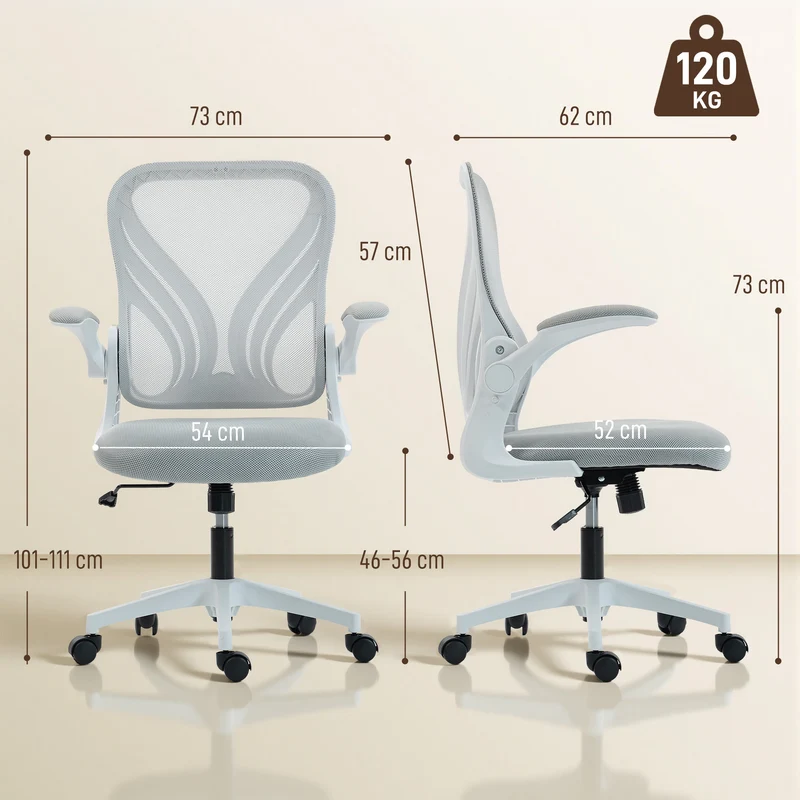 Chaise de bureau ergonomique 73 x 62 x 101-111 cm dossier rabattable assise rembourrée moderne en maille gris clair 21_0006331