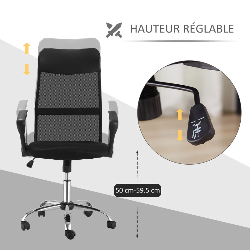 Lot de 2 fauteuils de bureau manager dossier ergonomique 63 x 65 x 109-119 cm pivotant 360° contemporain en maille noir 21_0006351