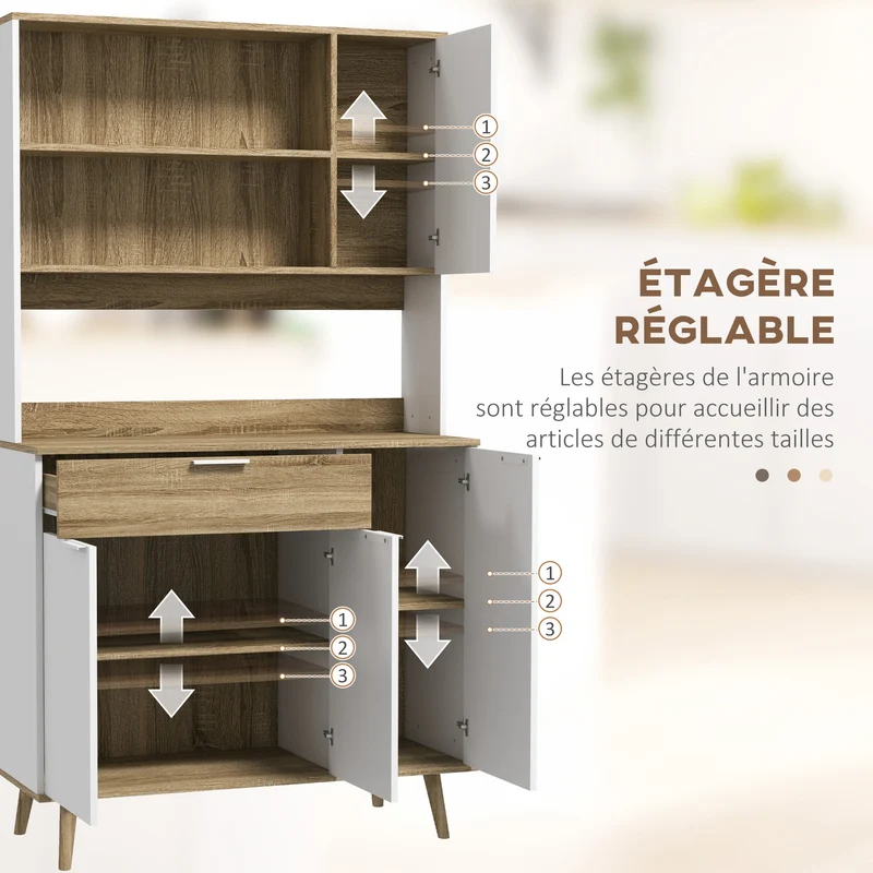 Buffet haut de cuisine 98 x 39 x 180 cm étagères réglables tiroir stable scandinave épuré en panneau de particules blanc 21_0003217