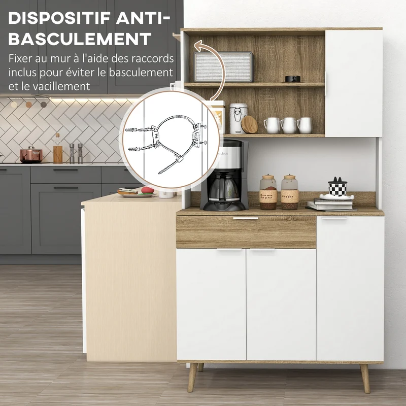Buffet haut de cuisine 98 x 39 x 180 cm étagères réglables tiroir stable scandinave épuré en panneau de particules blanc 21_0003217