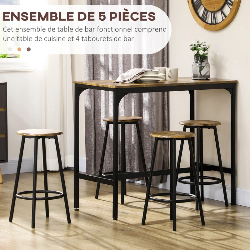 Ensemble table haute rectangulaire et 4 tabourets 110 x 50 x 89,5 cm rangement sous table repose-pieds moderne en MDF brun 21_0002329